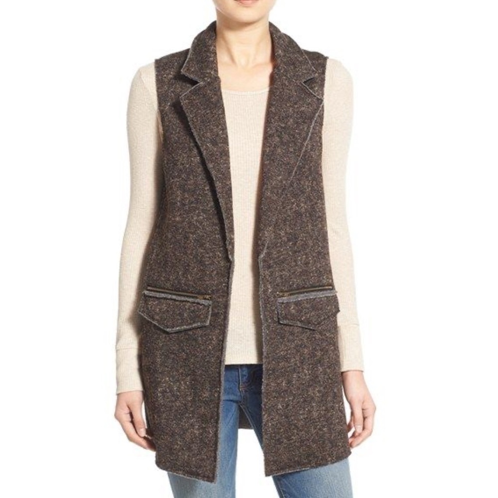 Mimi Chica Brown Herringbone Fleece Vest Open Front Sleeveless Cardigan Size Med